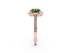 Fancy Green Round Cut Diamond Halo Ring Set in Rose gold with Pavé-Lined Shoulders and Prong Setting