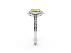 Fancy Yellow Emerald Cut Diamond Halo Ring Set in Platinum with Pavé-Lined Shoulders and Prong Setting