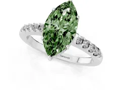 Fancy Green Marquise Cut Diamond Solitaire Engagement Ring Set in White gold with Pavé Band and Prong Setting