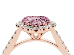 Fancy Pink Heart Cut Diamond Pavé Halo Engagement Ring Set in Rose gold with Pavé Band and Prong Setting