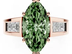 Fancy Green Marquise Cut Diamond Solitaire Ring Set in Rose gold with Channel-Set Accent Stones and Prong Setting