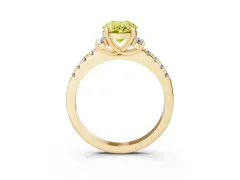 Fancy Yellow Oval Cut Diamond Three-Stone Pavé Ring Set in Yellow gold with Prong Setting