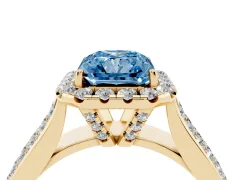 Fancy Blue Radiant Cut Diamond Halo Ring Set in Yellow gold with Pavé Band and Raised Center Setting