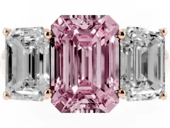 Fancy Pink Emerald Cut Diamond Three-Stone Ring Set in Rose gold with Plain Polished Band