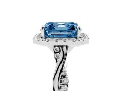 Fancy Blue Asscher Cut Diamond Halo Twist Band Solitaire Ring Set in White gold with Prong Setting