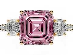 Fancy Pink Asscher Cut Diamond Three-Stone Ring Set in Yellow gold with Pavé Band and Graduated Sides