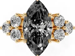 Fancy Black Marquise Cut Diamond Solitaire Ring Set in Yellow gold with Cluster Accents on Each Side