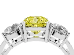 Fancy Yellow Cushion Cut Diamond Three-Stone Ring Set in White gold with Round Side Stones and Classic Band