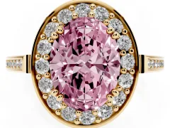 Fancy Pink Oval Cut Diamond Halo Ring Set in Yellow gold with Accent-Lined Split Shank and Prong Setting