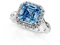 Fancy Blue Asscher Cut Diamond Halo Twist Band Solitaire Ring Set in White gold with Prong Setting