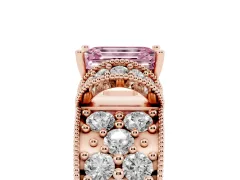 Fancy Pink Emerald Cut Diamond Milgrain Halo Pavé Engagement Ring Set in Rose gold with Prong Setting