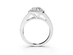 Round Cut Diamond Halo Split Shank Ring Set in Platinum with Accent Stones and Prong Setting