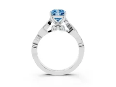 Fancy Blue Cushion Cut Diamond Vine Band Solitaire Ring Set in White gold with Milgrain Prong Setting