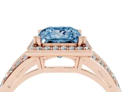 Fancy Blue Princess Cut Diamond Halo Ring Set in Rose gold with Double Pavé Split Shank