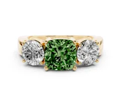Fancy Green Cushion Cut Diamond Three-Stone Ring Set in Yellow gold with Round Side Stones and Classic Band