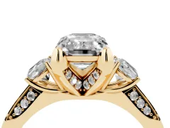 Fancy Black Emerald Cut Diamond Three-Stone Ring Set in Yellow gold with Pavé Band and Smaller Side Stones
