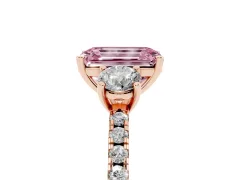 Fancy Pink Emerald Cut Diamond Three-Stone Ring Set in Rose gold with Pavé Band and Graduated Sides