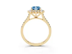 Fancy Blue Cushion Cut Diamond Halo Ring Set in Yellow gold with Pavé Band and Prong Setting