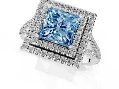 Fancy Blue Princess Cut Diamond Double Halo Ring Set in Platinum with Pavé Band