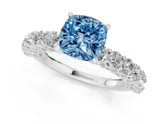 Fancy Blue Cushion Cut Diamond Solitaire Ring Set in Platinum with Shared Prong Pavé Band