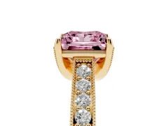 Fancy Pink Princess Cut Diamond Solitaire Ring Set in Yellow gold with Milgrain-Edged Pavé Band and Prong Setting