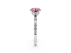 Fancy Pink Round Cut Diamond Solitaire Engagement Ring Set in Platinum with Round Pavé Band and Prong Setting