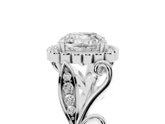 Cushion Cut Diamond Halo Ring Set in Silver with Leaf Motif Split Shank and Prong Setting