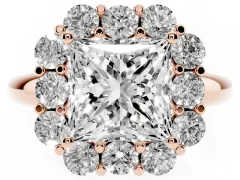 Princess Cut Diamond Milgrain Halo Solitaire Ring Set in Rose gold with Bezel Set Side Stones and Pavé Band