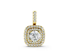 Round Diamond Double Halo Pendant Set in Yellow gold with Pavé Rings and Prong-Set Center