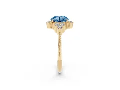 Fancy Blue Round Cut Diamond Cluster Ring Set in Yellow gold with Beaded Band