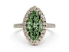 Fancy Green Marquise Cut Diamond Halo Pavé Engagement Ring Set in Yellow gold with Prong Setting