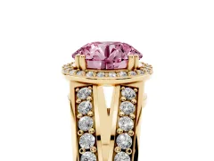 Fancy Pink Round Cut Diamond Halo Ring Set in Yellow gold with Double Pavé Split Shank