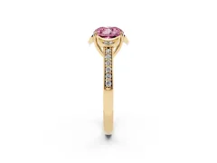 Fancy Pink Cushion Cut Diamond Halo Ring Set in Yellow gold with Channel Set Band and Prong Setting