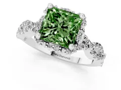Fancy Green Princess Cut Diamond Halo Twist Band Solitaire Ring Set in Silver with Prong-Set Center Stone