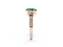 Fancy Green Pear Cut Diamond Three-Stone Ring Set in Rose gold with Round Side Stones and Pavé Band