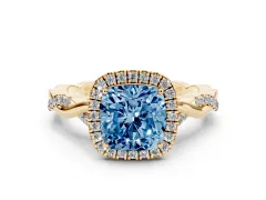 Fancy Blue Cushion Cut Diamond Halo Twist Band Solitaire Ring Set in Yellow gold with Prong Setting