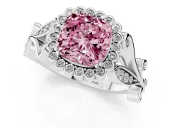 Fancy Pink Cushion Cut Diamond Halo Ring Set in Platinum with Leaf Motif Split Shank and Prong Setting