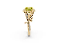 Fancy Yellow Asscher Cut Diamond Halo Ring Set in Yellow gold with Leaf Motif Split Shank and Prong Setting