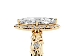 Marquise Cut Diamond Halo Ring Set in Yellow gold with Filigree Leaf Band and Prong Setting
