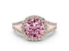 Fancy Pink Round Cut Diamond Halo Split Shank Ring Set in Rose gold with Accent Stones and Prong Setting