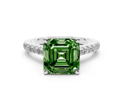 Fancy Green Asscher Cut Diamond Solitaire Ring Set in White gold with Brilliant Pavé Band and Prong Setting