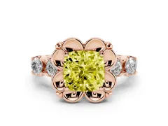 Fancy Yellow Cushion Cut Diamond Floral Halo Ring Set in Rose gold with Shared Prong Band