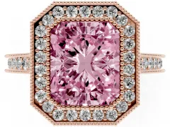 Fancy Pink Radiant Cut Diamond Halo Milgrain Pavé Band Ring Set in Rose gold with Prong Setting