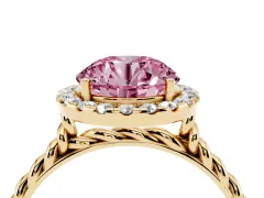 Fancy Pink Round Cut Diamond Halo Ring Set in Yellow gold with Plain Twisted Band