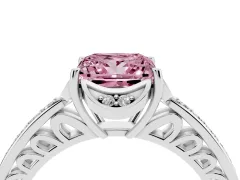 Fancy Pink Princess Cut Diamond Halo Ring Set in White gold with Channel Set Band and Prong Setting