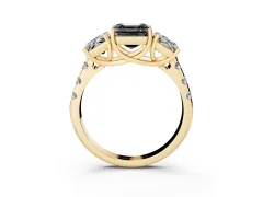 Fancy Black Asscher Cut Diamond Three-Stone Ring Set in Yellow gold with Pavé Band
