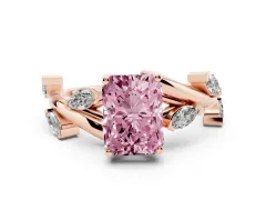 Fancy Pink Radiant Cut Diamond Solitaire Ring Set in Rose gold with Twisted Marquise Accent Band