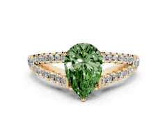 Fancy Green Pear Cut Diamond Split Shank Pavé Engagement Ring Set in Yellow gold with Prong-Held Center Stone