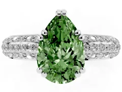 Fancy Green Pear Cut Diamond Solitaire Ring Set in Platinum with Multi-Row Round Pavé Band and Prong Setting