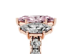 Fancy Pink Marquise Cut Diamond Three-Stone Ring Set in Rose gold with Pavé Band